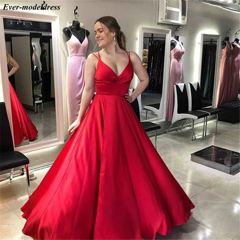 

Red Simple Long Prom Dresses 2019 V-Neck Spaghetti Backless Satin Evening Dress Formal Party Gowns Vestido De Festa