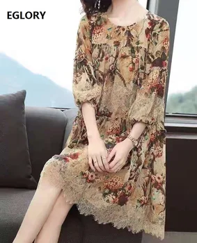 

100%SIlk Dress 2020 Spring Summer Runway Fashion Women Vintage Print Lace Patchwork Straight Casual Loose Dress Boho Ladies