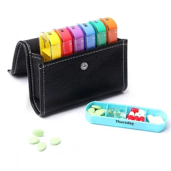

7-Day 28-Grid Portable Weekly Pill Storage Box Home Office Travel Pill Organizer Container with Leather Case