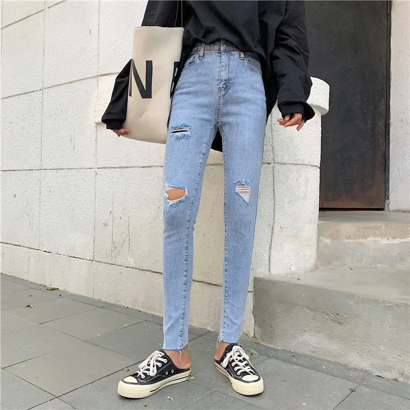 S-xl Осень корейский стиль женские узкие джинсовые брюки с высокой талией рваные джинсы для женщин обтягивающие брюки уличная одежда(Z8582