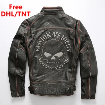

Men's Genuine Leather Jacket Motorcycle Biker Skulls Vintage Pattern Jackets Soft Thick Cowhide Leather Fast Ship Free DHL/TNT