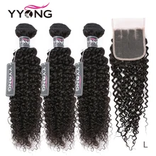 Yyong Hair Brazilian Kinky Curly Bundles With Closure 3 Bundles Human Hair With Closure Remy Hair Weave Bundles With Closure