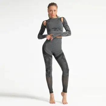 

Women Yoga Suits Camouflage Print 2 Pieces Sets Stretch High Waist Sports Mesh Legging Sportwear Long Sleeve T-shirt,ZF350