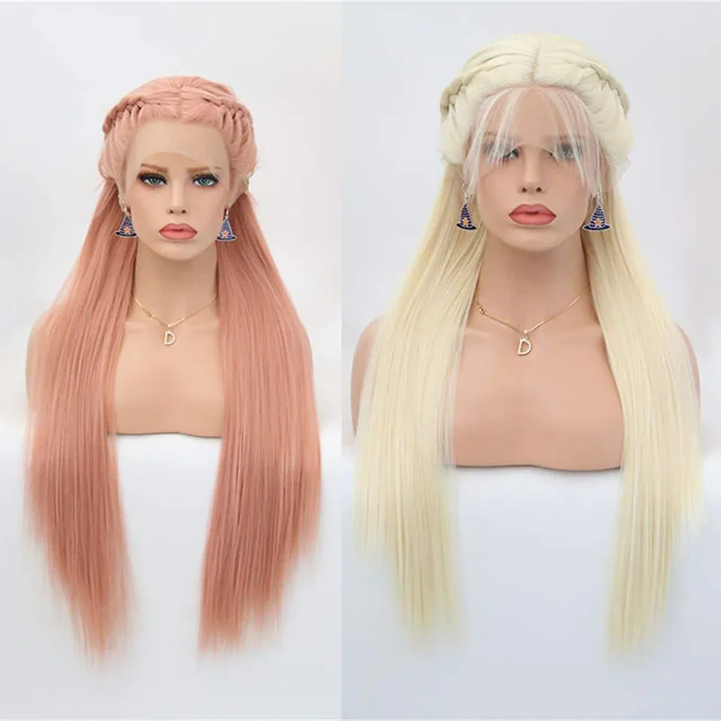 

RONGDUOYI Pink/Blonde Long Straight Wig with 2 Braided Braids Synthetic Lace Front Wigs for Women with Baby Hair Heat Fiber Wigs