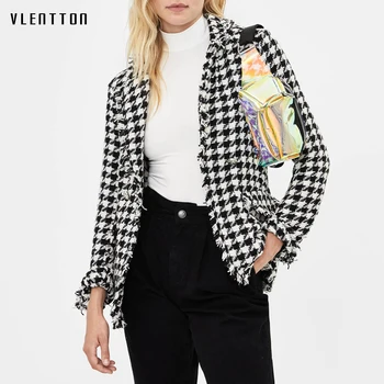 

Autumn Winter Vintage Houndstooth Tweed Plaid Blazer Jacket Women Sexy V-Neck Suit Coat Female Outerwear Tassel Blazers Feminino