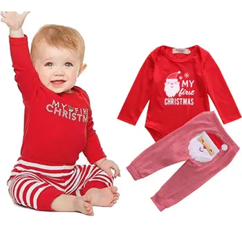 安い 新生児男の子女子サンタ鹿プリントロンパーストップ + チェック柄レギンスパンツクリスマス服クリスマスセット