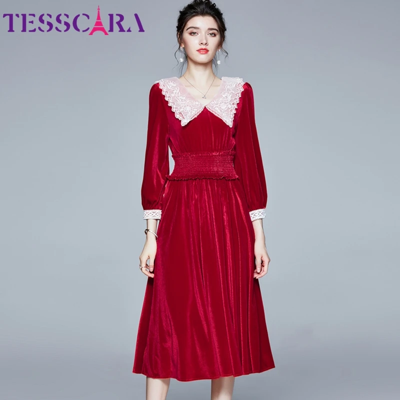 TESSCARA женские зимние Элегантные Бархатные платье Festa высокого качества длинные