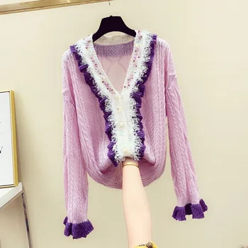 

Knitted Jacket Women Loose V Neck Cardigan Sweater Sequined Beaded Ruffled Tassel Pearl Buckle Cardigans Outwear Fall Coat 2020
