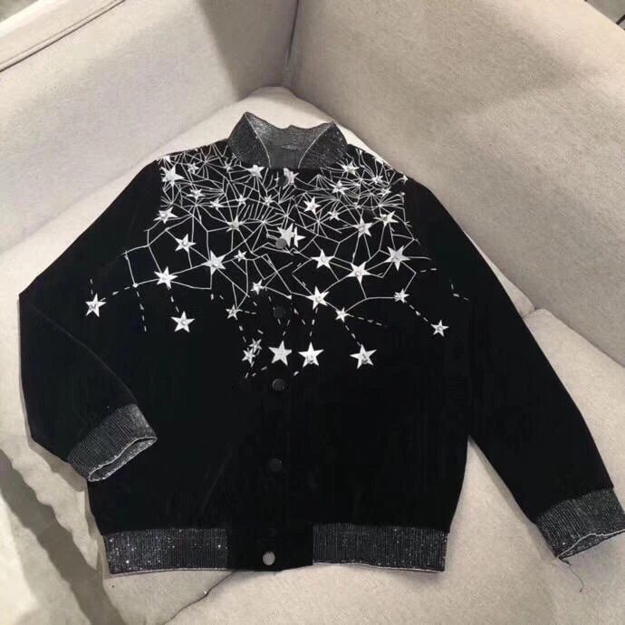 

2019 new ladies high quality fashion long sleeve stand collar beaded rhinestone velvet jacket 0817