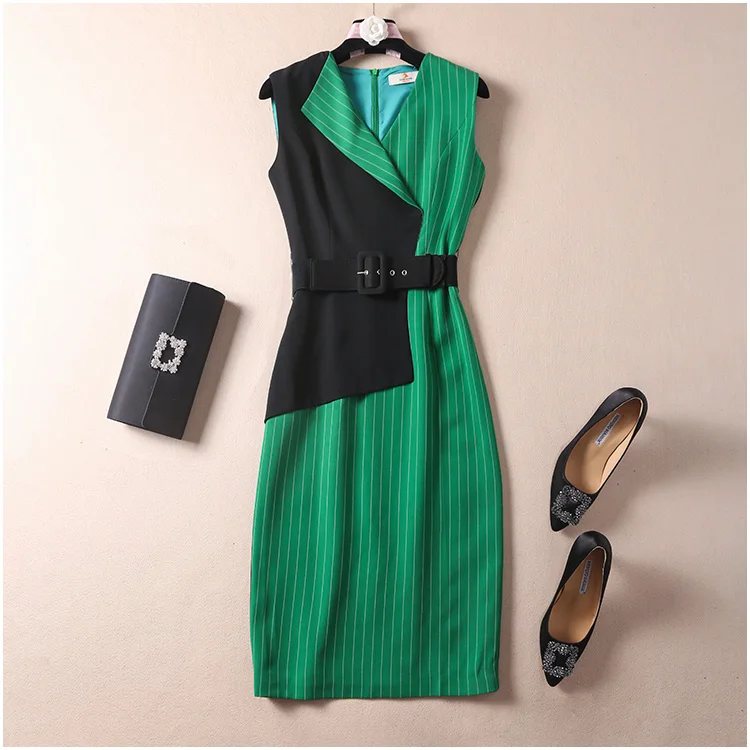 

New 2019 autumn women sexy pencil dress asymmetric collar sleeveless color block striped belt dresses plus size XXL black green