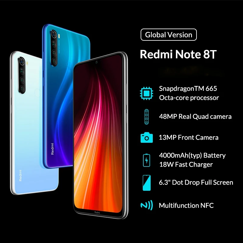 Смартфон Xiaomi Redmi Note 8T с глобальной версией, 4 ГБ, 64 ГБ, 6,3, NFC Snapdragon 665, камера 48 МП, 18 Вт, быстрая зарядка, 4000 мАч, мобильный телефон