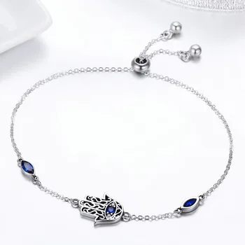 

BISAER Hasma Bracelet Authentic 925 Sterling Silver Fatima Hand Blue Evil Eye Chain Bracelets for Women Fashion Jewelry GXB076