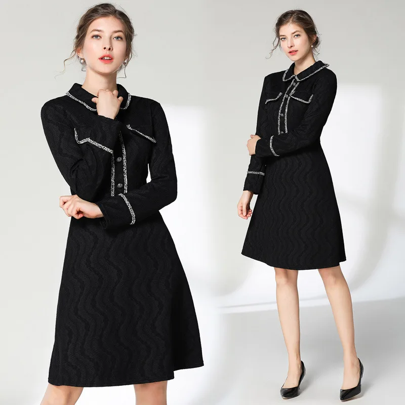 

Ozhouzhan 2018 Autumn And Winter New Style WOMEN'S Dress Elegant Fold-down Collar Contrast Color Slim Fit Black plus Velvet Lace