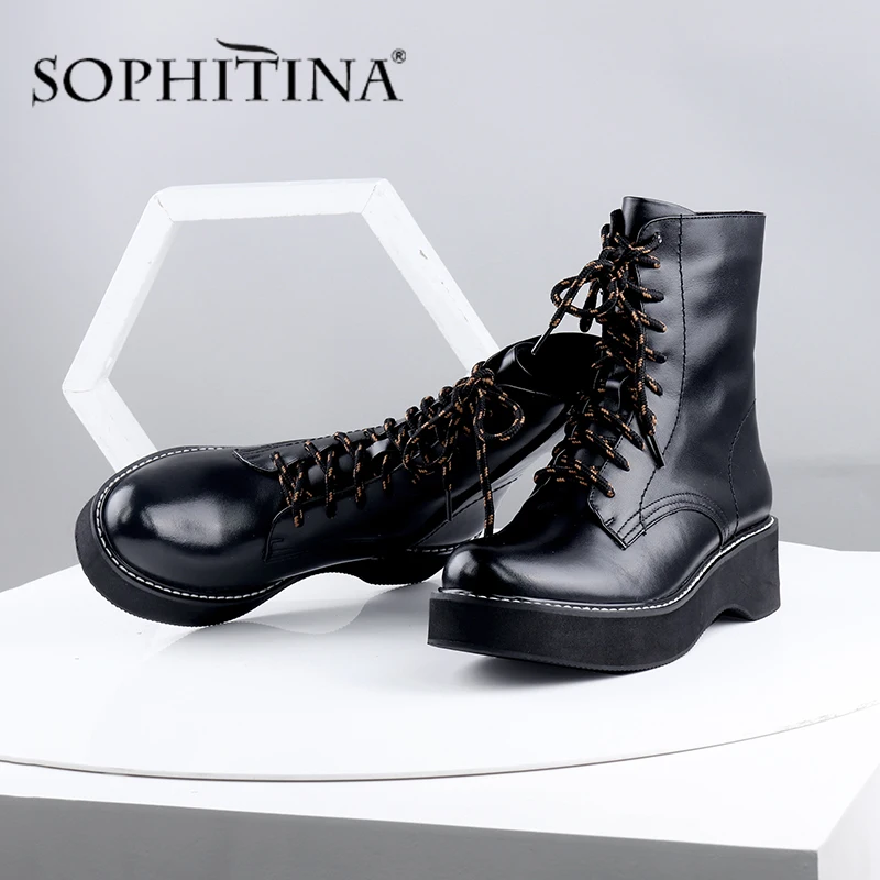 SOPHITINA/ботинки со шнурками; Высококачественная зимняя обувь из натуральной кожи на толстой подошве с круглым носком; новые женские ботинки ручной работы; CQ02