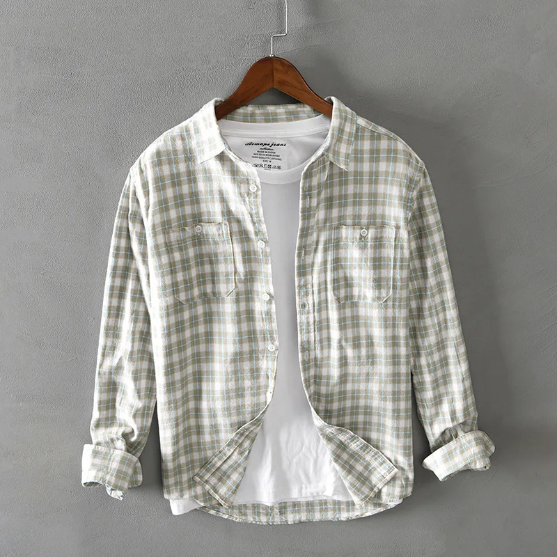 Cotton Shirt Men Spring Autumn Casual Plaid Long Sleeve Thick Retro Multi-pocket Workwear