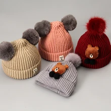 Новая зимняя детская трикотажная шапка с двумя меховыми помпонами, Меховая детская шапочка с помпонами, детские шапки