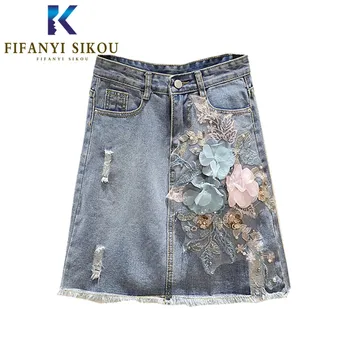 

Embroidery Beading Denim Skirt Women Summer Fashion Hole High waist Mini Skirt Female Loose Plus Size A-Line Jeans Skirts 2020