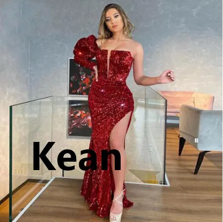 

Sequins Slit V Neck One Sleeve Evening Dresses Mermaid Special Occasion Dress Islamic Dubai Kaftan Saudi Arabic Prom Dress