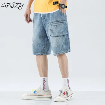 

Multi-pocket Tooling Denim pants Japanese Style brand Men's Summer Thin section Loose Hole 5 points Shorts Size 28-42
