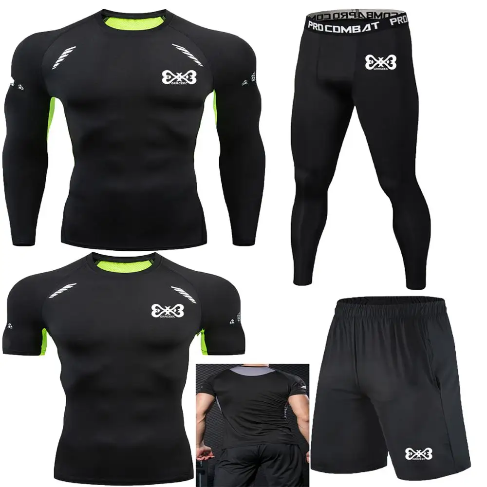 

2020 brand round neck T-shirt four-piece setTight long-sleeved T-shirt slim trousers fitness running summer essential equipment