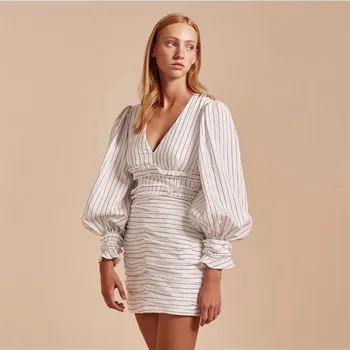 

2019 Mini Dress Sexy Celebrity Striped Lantern Sleeve Women Full V Neck Fashion Night Club Body con Party Dresses Wholesale