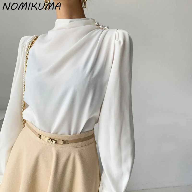 Nomikuma Elegant Buttons Folds Stand Neck Blouse Korean Puff Sleeve Fashion Solid Woman Shirts 2022 Spring New Blusas Top Mujer | Женская