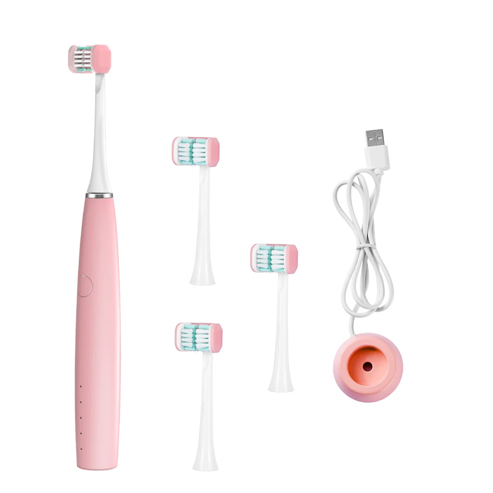 USB Rechargeable Electric Sonic Toothbrush 3D Side Brush Heads 4 Modes IPX7 Waterproof Pink Blue White 2 Minute Timer 30S Remind - Цвет: Pink 4 heads