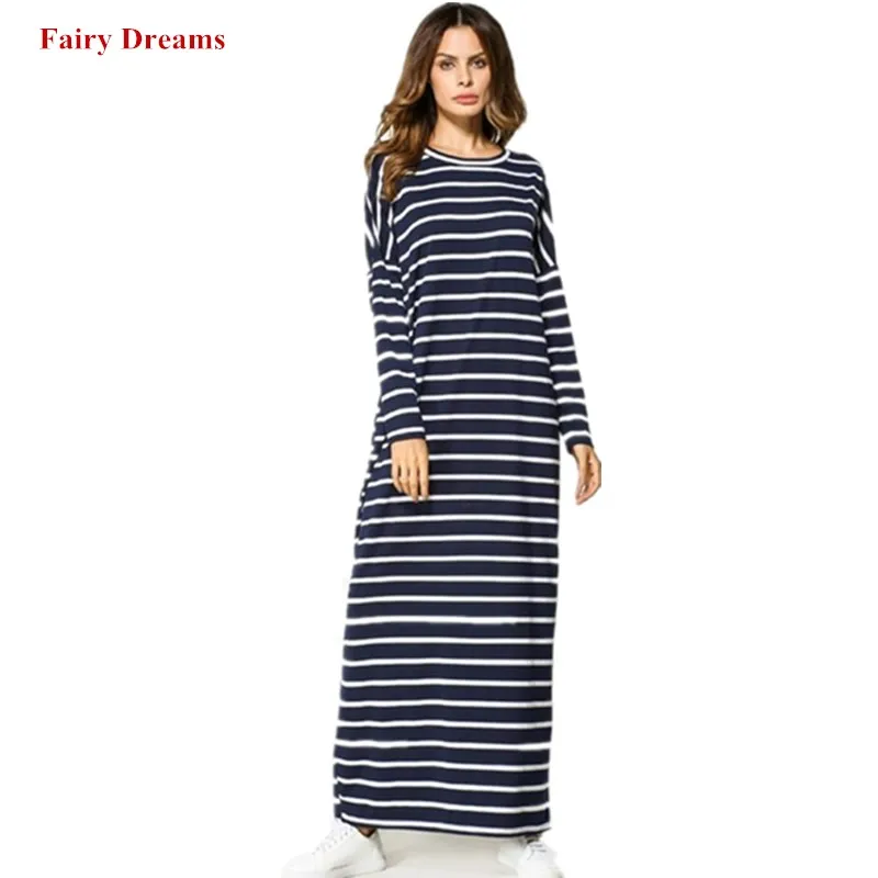 Женское арабское мусульманское платье Abayas рубашка в полоску с длинным рукавом