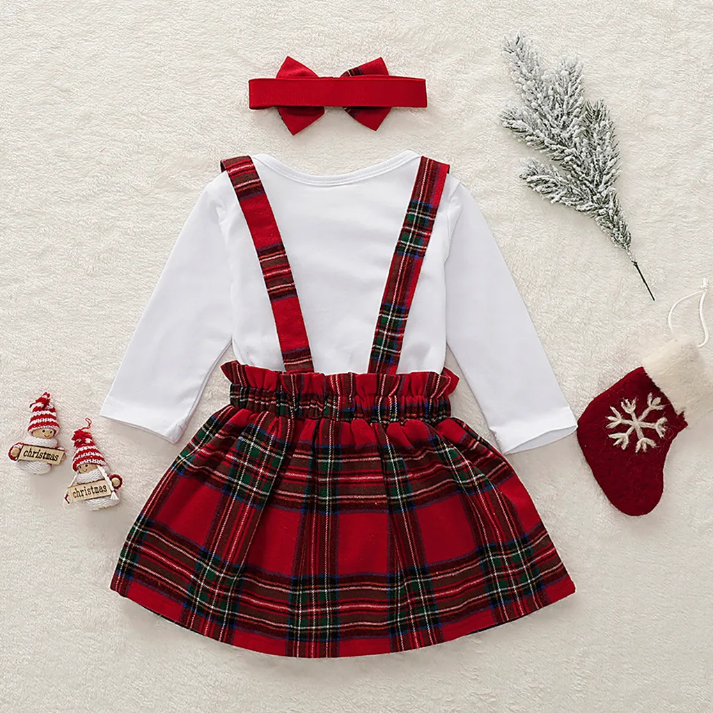 Рождественское платье для девочек; Рождественский комбинезон с надписью для маленьких девочек+ сарафан в клетку; комплект из платья и повязки на голову