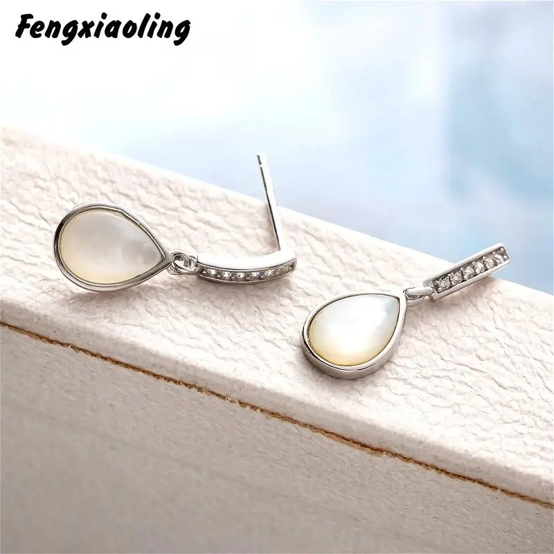 

Fengxiaoling Real 925 Sterling Silver Water Droplets Shell Beads Drop Earring For Women Simple Fashion Student Earrings Jewelry
