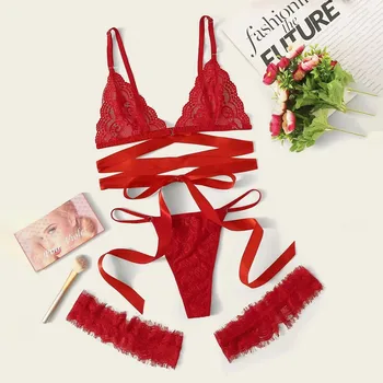 

Women Plus Size Lace Lingerie Set Female Leg Ring G-String Bra Ladies Underwear Set Slevveless Sleepwear lingerie feminina