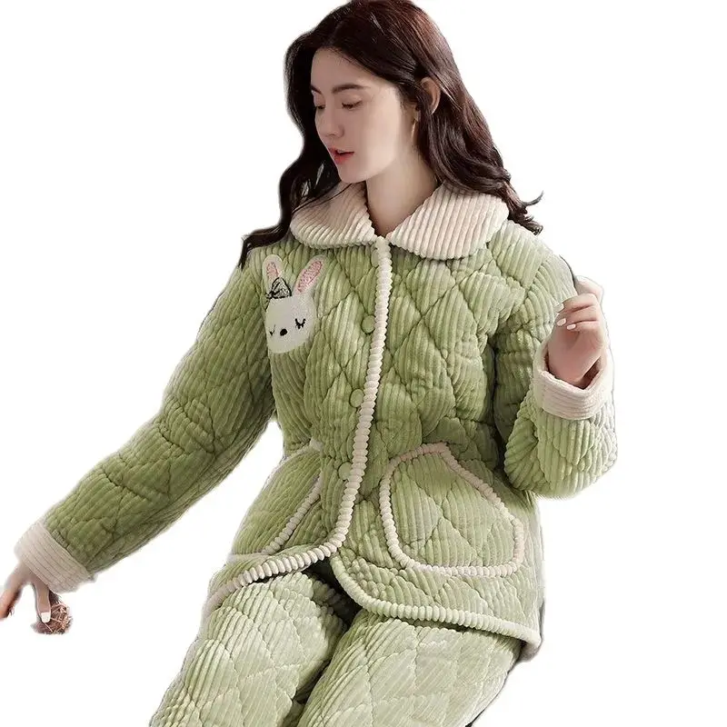 Pajamas Women Three-Layer Thickened Winter Sets Flannel Coral Fleece Padded Cotton Jacket Warm Pajamas Women Suit Jacket 2 PCS [fila]ace padded jacket ecobag