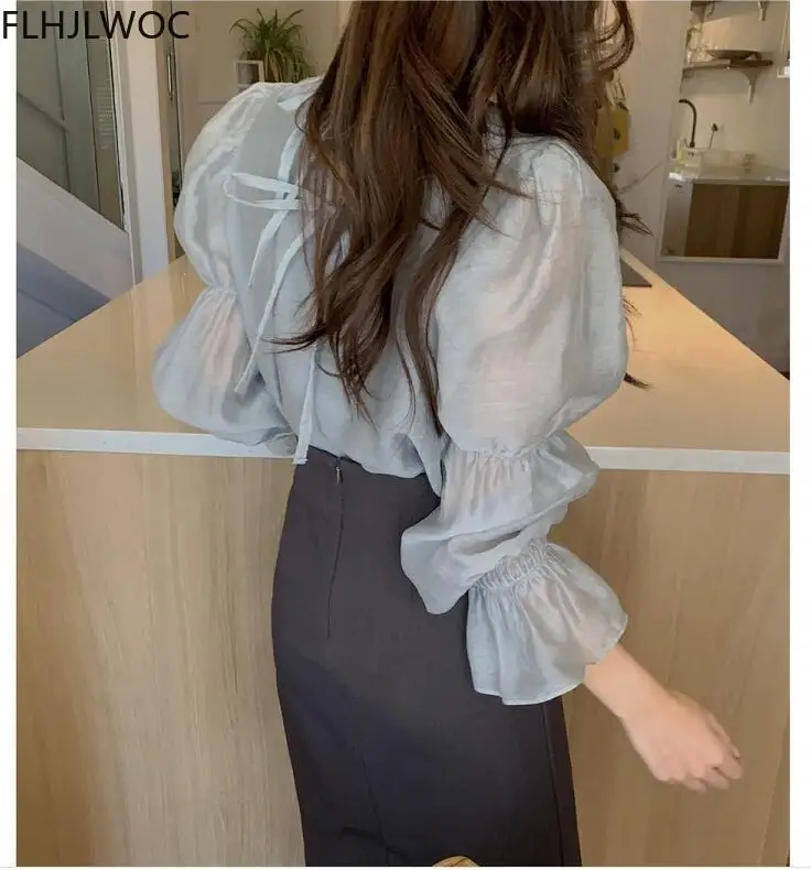 2021 Spring Fenimine Korea Chic Tops Blusas Women Fashion Flare Sleeve Solid Cross Criss Bow Tie Shirt Blouses 3