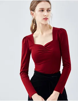 

Women Basic Solid Long sleeve T Shirt Round Crew Neck Plain Cotton Spandex Plus Size Lady tees & tops Autumn Red