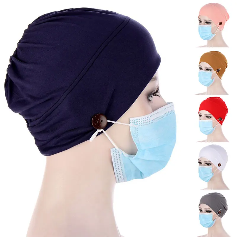 Women Muslim Turban Head Wrap Hat With Button Headwear Headscarf Bonnet Inner Hijabs Cap Muslim Hijab Chemo Hats Turbantes Caps