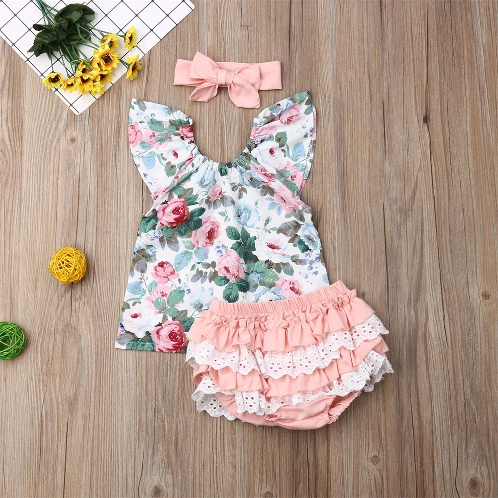 Imcute 3 шт. Дети детская одежда для малышки для летней одежды футболка с цветочным принтом Топ шорты и повязка на голову, комплект