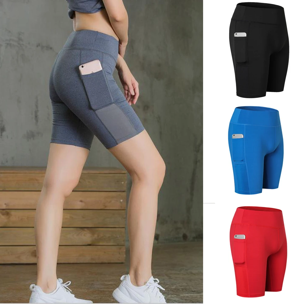 Женские компрессионные быстросохнущие шорты для йоги стрейч фитнес-зал одежда с карманами Feminino фитнес тренировки шорты