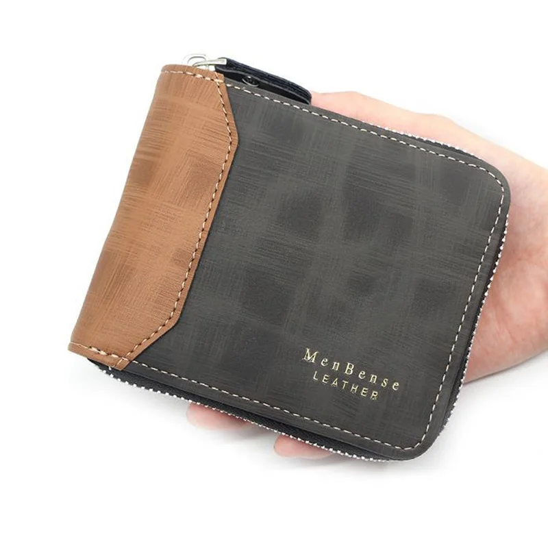 

MenBense Vintage Short Wallets Patchwork Zipper Big Capacity Multi-functional Card Holder Male Purses Casual Pu Leather Bag
