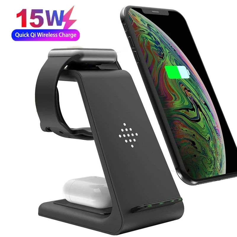 15W Qi Wireless Charger Stand 3 in 1 Fast Charging Station For iPhone 12 11 XS XR X 8 Apple iWatch SE 6 5 4 3 AirPods Pro Pad
