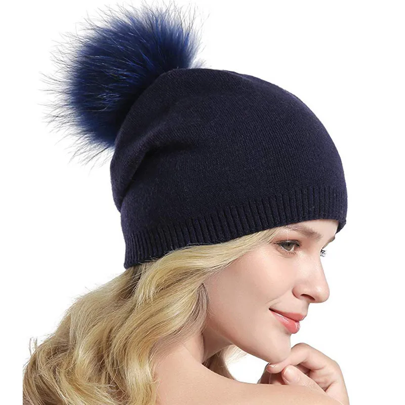 Шапка с помпонами из меха норки и лисы, зимняя женская шапка, шапка для девочек, вязаные шапки, брендовая новая теплая женская шапка из толстой шерсти O22 - Color: Navy