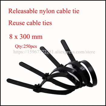 

250PCS 8x300mm Releasable nylon cable tie for repeated use Zip Tie Loop Wire Wrap Eco-friendly loose buckle plastic nylon tie
