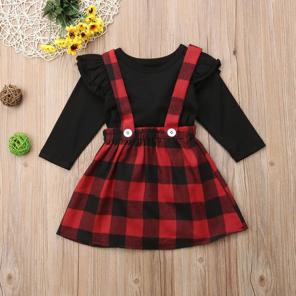 

2019 Fashion Girl Clothes Suits Princess Christmas Baby Girls Clothes Outfits Fall Winter T-shirt+OVerall Strap Dress Set