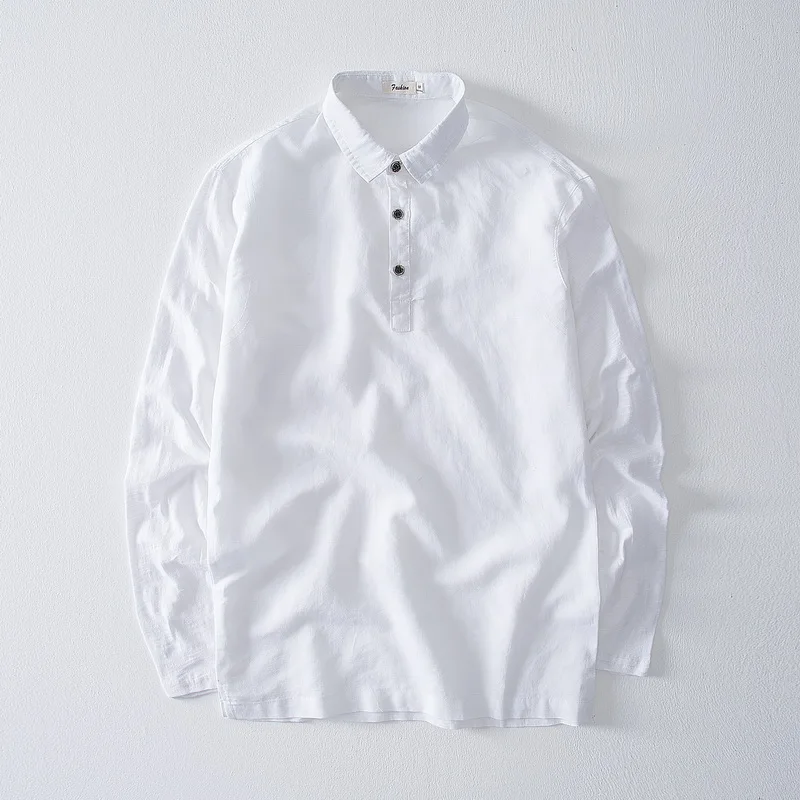 

2018 Autumn new stitching linen and cotton men's shirt simple solid white shirts men long sleeve casual shirt male camisa