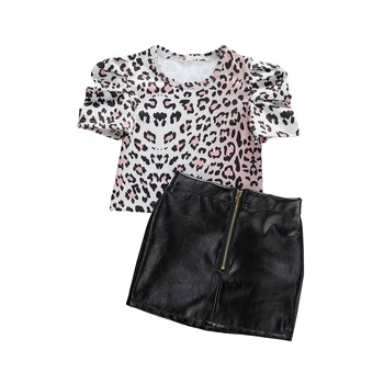 

2020 Summer Baby Girls Cotton Clothes Set Toddler Girls Leopard Print T-shirt Tops+PU Leather Skirt Dress Tracksuit Kids Outfit