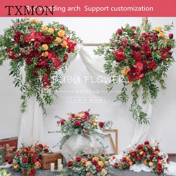 

High End Customized Red Forest Arch Floral Set Fake Flower Artificial Flower Row Outdoor Activities Layout Wedding Stage Props