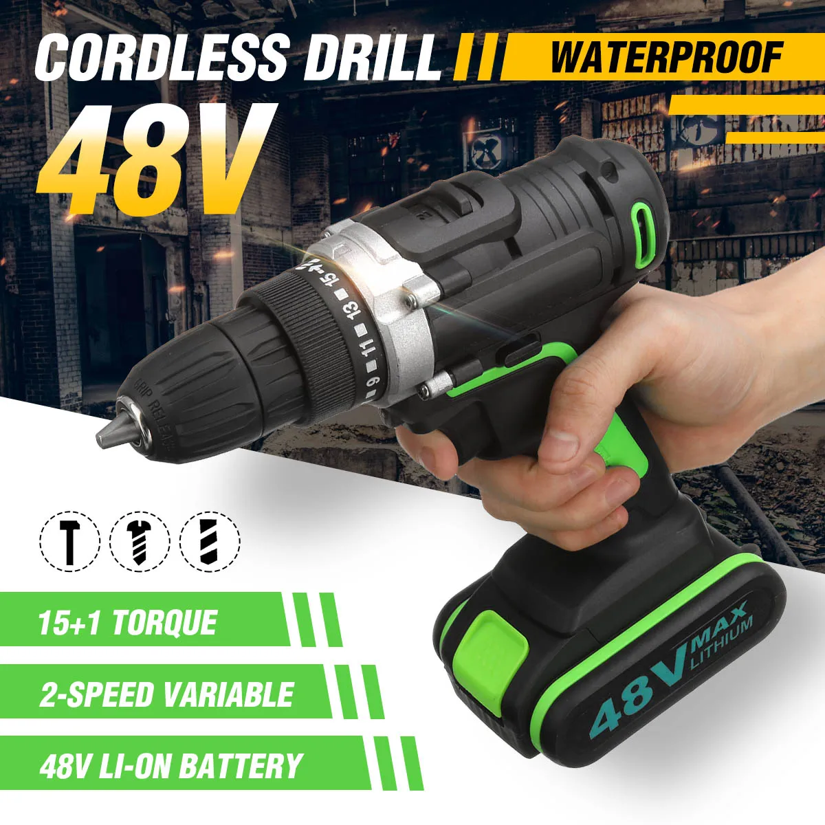 

Waterproof Cordless Electric Drill Hammer Impact Driver Dual Speed LED Working Lights Display Power Drilling Tools