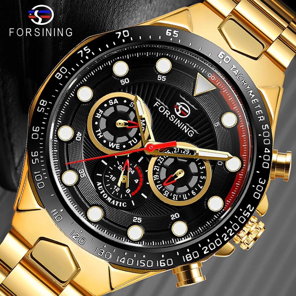 

Forsining Brand Male Sport Mechanical Watch Army Erkek Kol Saati Black Automatic 6 Hands Calendar Stainless Steel Strap Military