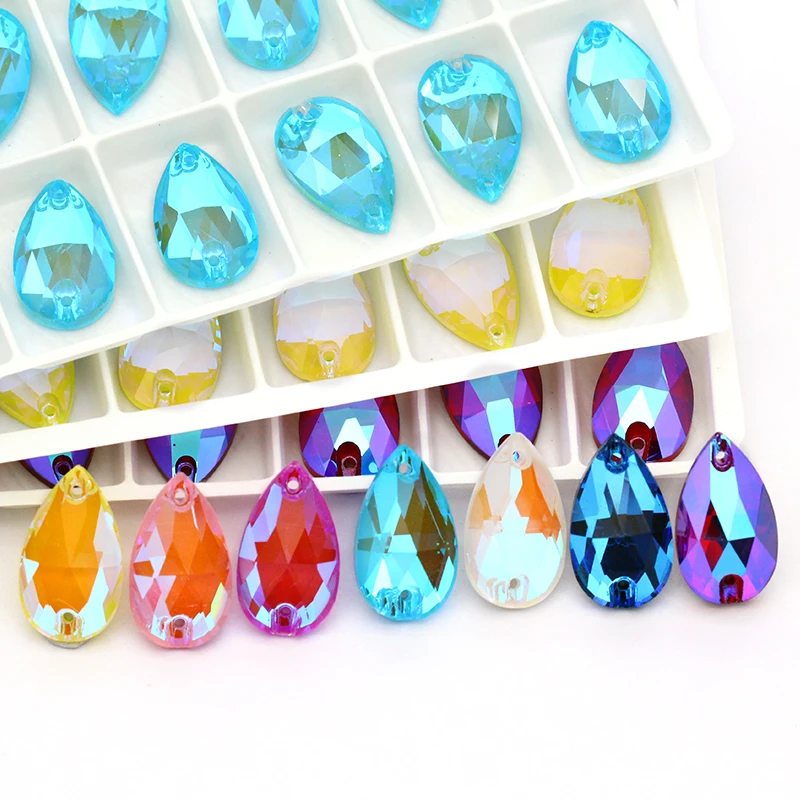 

Shining Shimmer Mocha Fluorescent Tear Drop Glass Sew on Rhinestones Flat Back Strass Crystal Buttons Sew on Clothing Crafts