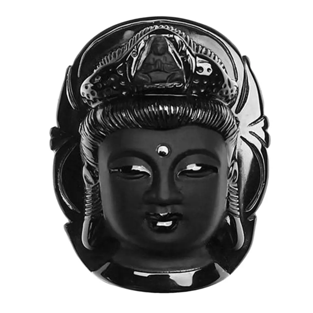 

Men Women Vintage Black Color Guanyin Natural Stone Obsidian Carved Kwan-yin Head Pendant Lucky Jewelry for Gift