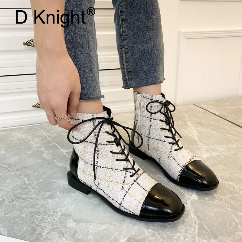 

British Stitching Plaid Western Ankle Boots For Women Korean Autumn Winter Low Heel Flat with Lace Up Lady Motorcycle Boot Shoes